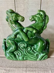Vintage Ceramic Rearing Horses TV Lamp Midcentury Modern Green Glaze - Picture 1 of 6