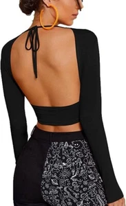 Slim Fitted Crop Top Black Womens Size Small Crew Neck Open Back Long Sleeve - Picture 1 of 9