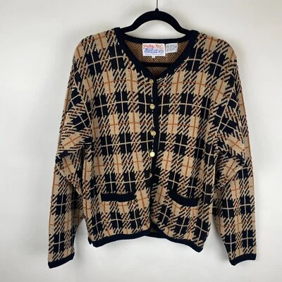 VTG Tally-Ho Cardigan Women's L Beige Black Plaid Tartan Retro Scottish Irish - Image 1 of 4