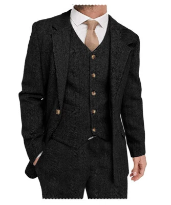 Hombres 3 Piezas Traje Tweed Espiga Boda Esmoquin Blazer Chaqueta Chaleco 42r 44r 46r Foto 1 de 4