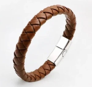 Men's Vintage Brown Braided Leather Wrap Bracelet Bangle Magnetic Clasp New - Picture 1 of 2