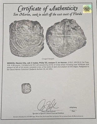 1607-17 Mo F Mexico Cob 2 Reales Green Cabin Shipwreck With COA Ex. Horner - Image 1 of 3