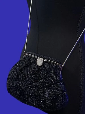 Black & Gold Beaded Evening Bag With Metal Crossbody Strap & Plenty of Bling - Image 1 of 4