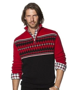 Chaps Sweater Classic-Fit Fairisle Quarter-Zip Thick Red Black Pullover NWT - Picture 1 of 4