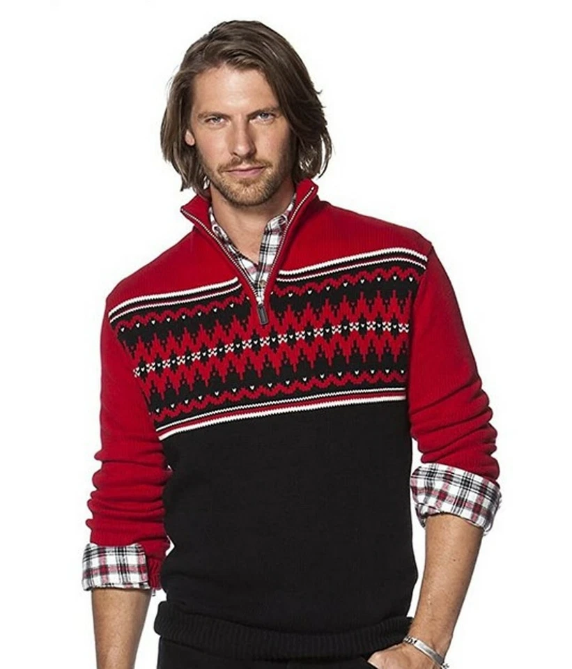Chaps Sweater Classic-Fit Fairisle Quarter-Zip Thick Red Black Pullover NWT - Image 1 of 4