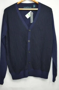 NWT Perry Ellis Men's Cartigan Sweater, Size Large in Evening Blue, Herringbone - Picture 1 of 8