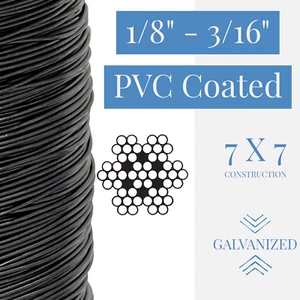 1/8" to 3/16" PVC Coated Black Color Galvanized Cable 7x7 Strand Aircraft Cable - Picture 1 of 2