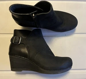 Dansko Shirley Wedge Heel Bootie US 6.5-7 Black Nubuck Leather Side Zip EU 37 - Picture 1 of 10