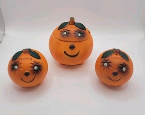 Set ciotola vintage sale/pepe/zucchero arancione antropomorfo ceramica - Foto 1 di 7