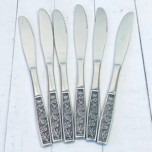 Set of 6 Vintage Luke Stainless Korea Serrated Dinner Knives Floral Rose 21cm - Bild 1 von 8
