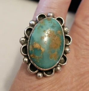 Vintage Fred Harvey Ära Navajo großer Türkis Ring Silber Größe 5,5 alt - Bild 1 von 15