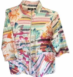Onque Casual Cotton Top Size XL Tropical Floral 3/4 Sleeve Zipper Front Colorful - Picture 1 of 9