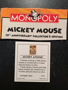 Monopoly Mickey Mouse MICKEY AVENUE Title Deed Card 75th Aninnversary  2004 - Picture 1 of 4