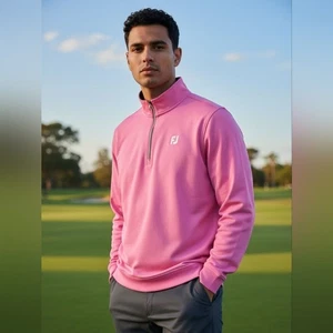 Footjoy Mens Pink Quarter Zip Pullover Sz Large Golf Pickleball Outdoor - Picture 1 of 16