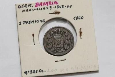 🧭 🇩🇪 GERMANY BAVARIA 2 PFENNIG 1860 B66 #305 - Image 1 of 2