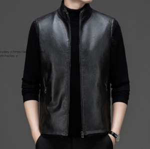 Neu Herren Kunstleder Fleece Weste Winter Warm Ärmellos Jacke PU Mantel Dick - Bild 1 von 17