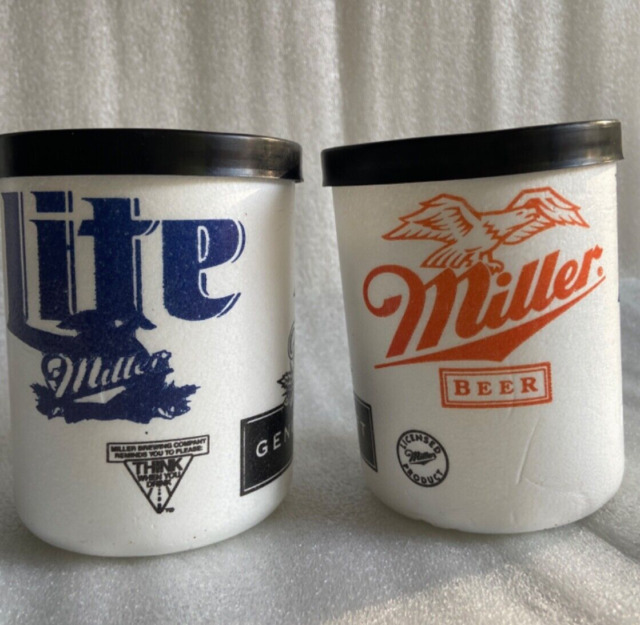 MILLER LITE 2 16oz BEER CAN COOLERS KOOZIE COOLIE PINT HUGGIE POUNDER NEW