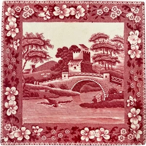 Sello ovalado Copeland Spode's Tower con patas rojas trivet cuadrado 6" Transferware de colección - Imagen 1 de 7