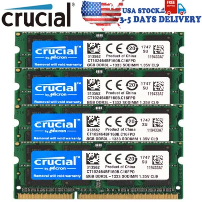 CRUCIAL DDR3L 32GB (8GB x4) 1333mhz PC3L-10600 Laptop SODIMM Memory RAM 204Pin - Image 1 of 4