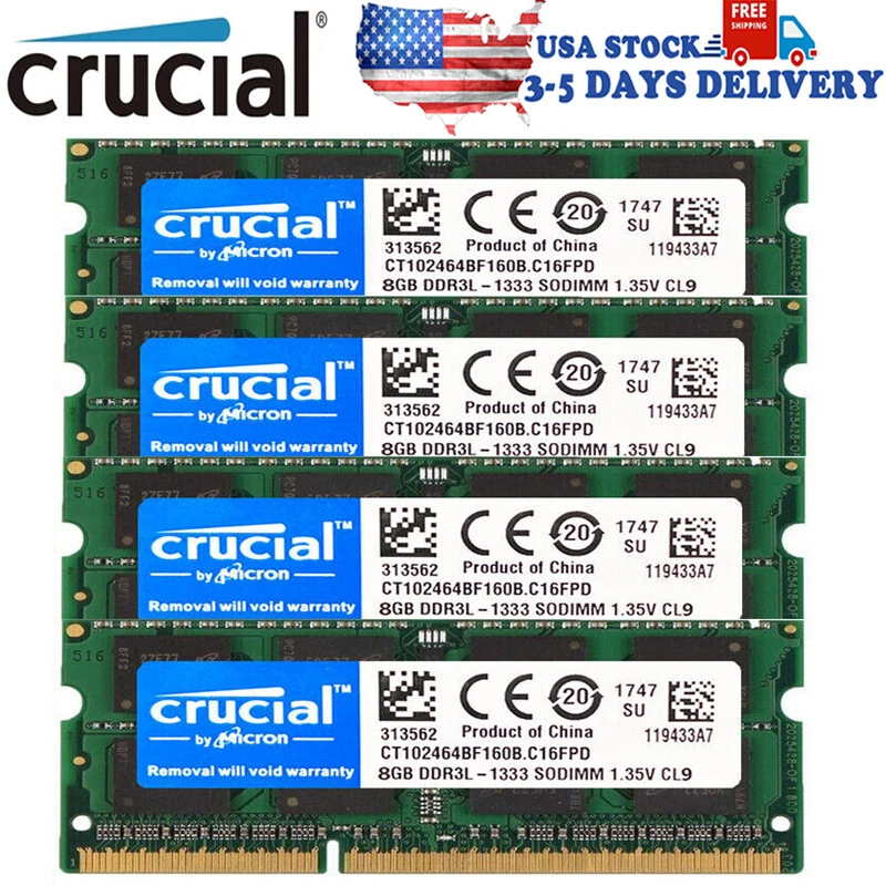CRUCIAL DDR3L 32GB (8GB x4) 1333mhz PC3L-10600 Laptop SODIMM Memory RAM 204Pin - Image 1 of 4