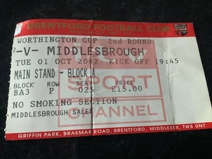 Ticket Stub Match Brentford v Middlesbrough BORO 1.10.2002 worthington cup 2nd - Picture 1 of 1