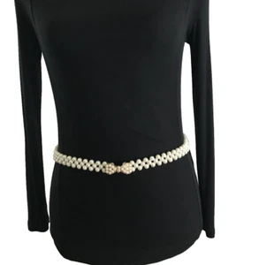 Women's Belt One Size Ivory Faux Pearl Stretch Dress Wedding Bow Buckle Ladies - Picture 1 of 11