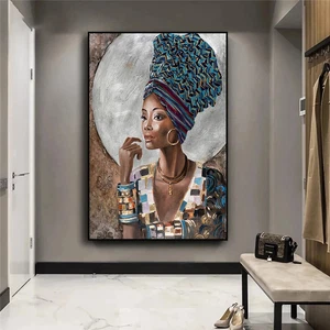 Afrikanische schwarze Frau mit blauem buntem Turban Leinwandbild Poster und Drucke - Bild 1 von 8
