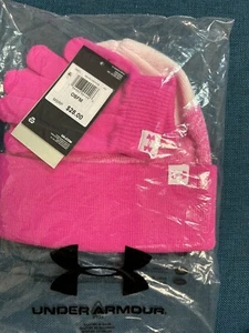 New Girls' Under Armour Beanie & Gloves Combo Rebel Pink / White One Size Sealed - Picture 1 of 2