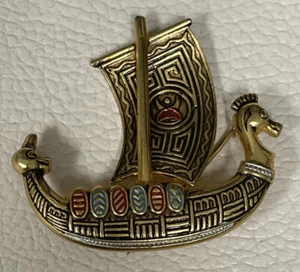 VTG Gold Tone Damascene Galleon SAILING SHIP/ Ancient BOAT BROOCH/ Pin ~ SPAIN - Picture 1 of 6