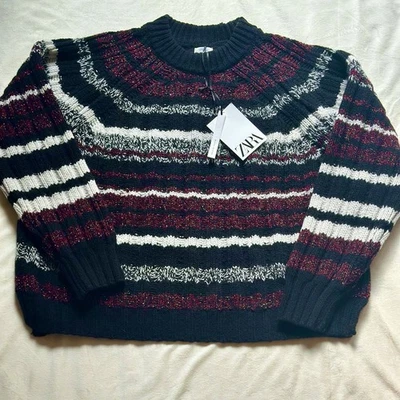 Suéter Tejido Grueso Lana Zara Talla XL Rayas Metálicas Cuello Redondo Acogedor Vacaciones Y2K Foto 1 de 4