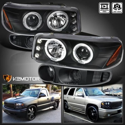 Fits 2000-2006 GMC Yukon Denali Black LED Halo Projector Headlights+Bumper Lamps - Image 1 of 4