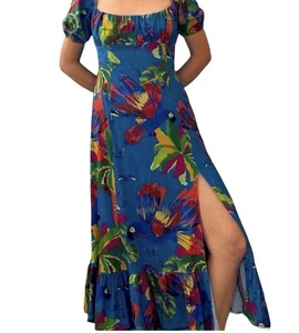 Maxi abito House of Harlow 1960 stampa tropicale fumè XS blu misto lino - Foto 1 di 11