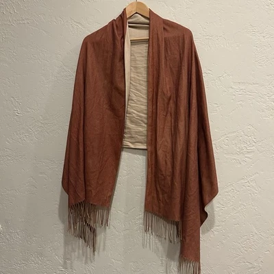 Reversible Fringe Ruana Wrap Shawl Cinnamon Brown Beige Two Tone Poncho Cape - Image 1 of 4