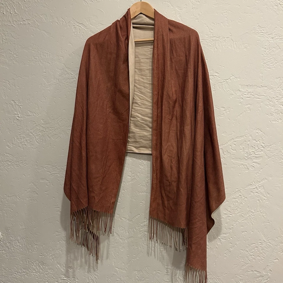 Reversible Fringe Ruana Wrap Shawl Cinnamon Brown Beige Two Tone Poncho Cape - Image 1 of 4