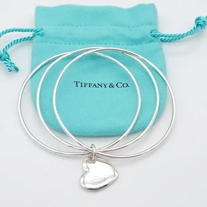Tiffany & Co. 925 Sterling Silver Triple Bangle Heart Tag Bracelet 7.25 In Pouch - Picture 1 of 10