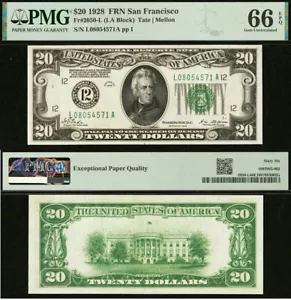 1928 $20 Federal Reserve Note PMG 66EPQ - Redeemable in Gold - San Francisco #12 - Picture 1 of 3
