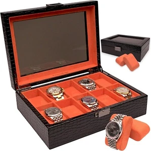 10 Fächer Uhren Luxus Box mit Ansicht oben Schwarz Kunstleder Vitrine Organizer - Bild 1 von 4