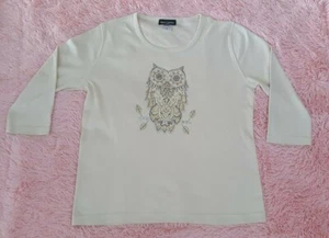 OWL Medium Rhinestone cream colored 3/4 sleeve women's shirt top Get Lucky U.S.A - Picture 1 of 7