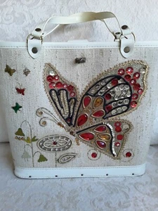 Wolff Brothers Vtg Tote Purse Butterfly w Jewels Sequin Gold Trim Linen Canvas - Picture 1 of 11