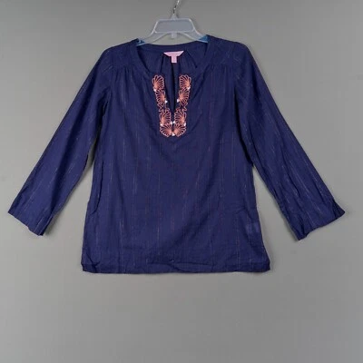 Lilly Pulitzer Tunic Womens S Navy Cotton V-Neck Embroidered Shells Metalic - Image 1 of 4