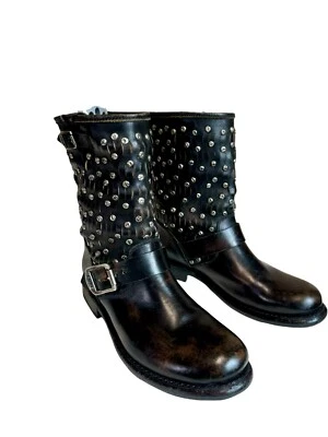 Frye Women's Jenna Black Distressed Leather Studded Buckle Moto Bootie Boots 6 - Image 1 of 4