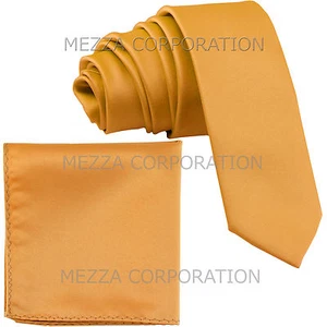 New Vesuvio Napoli Men's 2.5" skinny necktie & hankie set solid formal gold - Picture 1 of 3