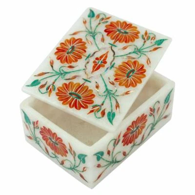 4" x 3"x 2" Marble Jewelry Box Semi Precious stones Inlay Floral Work - Image 1 of 4