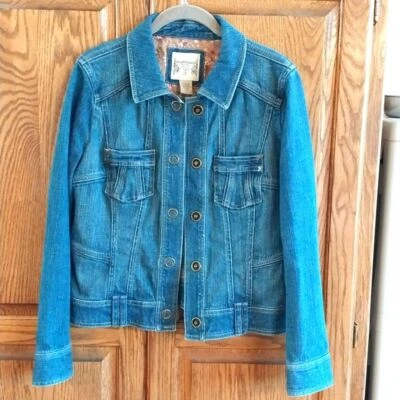 Ruff Hewn "Well Worn" Denim Jean Jacket Medium Blue Distressed Gold Snaps Front - Image 1 of 4