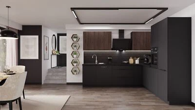 Winkelküche SIENA + MONZA 280x270 cm Küchenzeile Eckküche Küche Nußbaum Schwarz - Bild 1 von 4