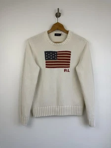 Ralph Lauren Flag Jumper Large Womens White USA Stars Stripes Cotton Chunky Polo - Picture 1 of 7