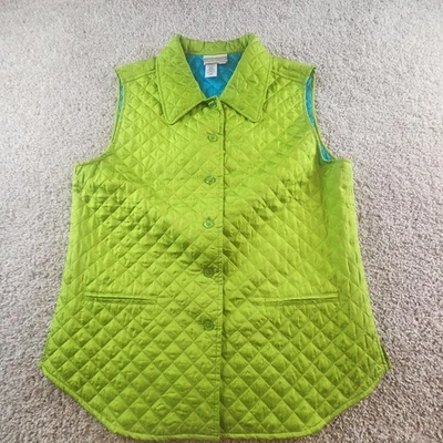 Coldwater Creek Quilted Vest Lime Green Teal Lined Collared Button Front Size M - Image 1 of 4