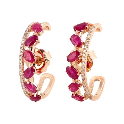 Ruby Diamond Hoop Earrings 18K Rose Gold Women Luxury Fine Jewelry Gift - Image 1 of 4