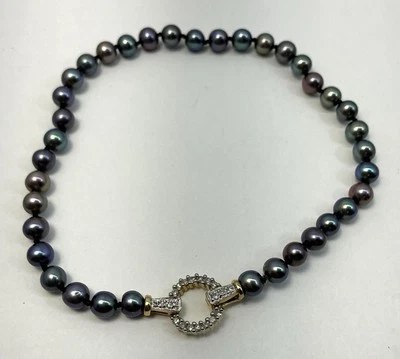 PEARL & DIAMOND 14K YELLOW GOLD BRACELET - BLUEISH / GREEN PEARLS (J1314)  - Image 1 of 4