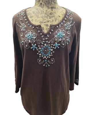 Suéter Quacker Factory Marrón Chocolate Turquesa Cuentas Estrás Talla Mediana Foto 1 de 4